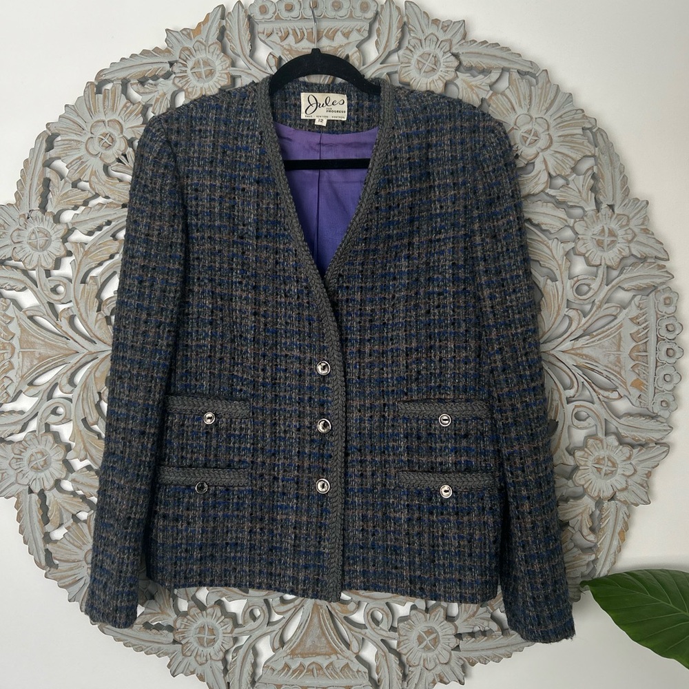 Vintage 70s Wool Tweed Blazer Label Jules For Progress Size 12